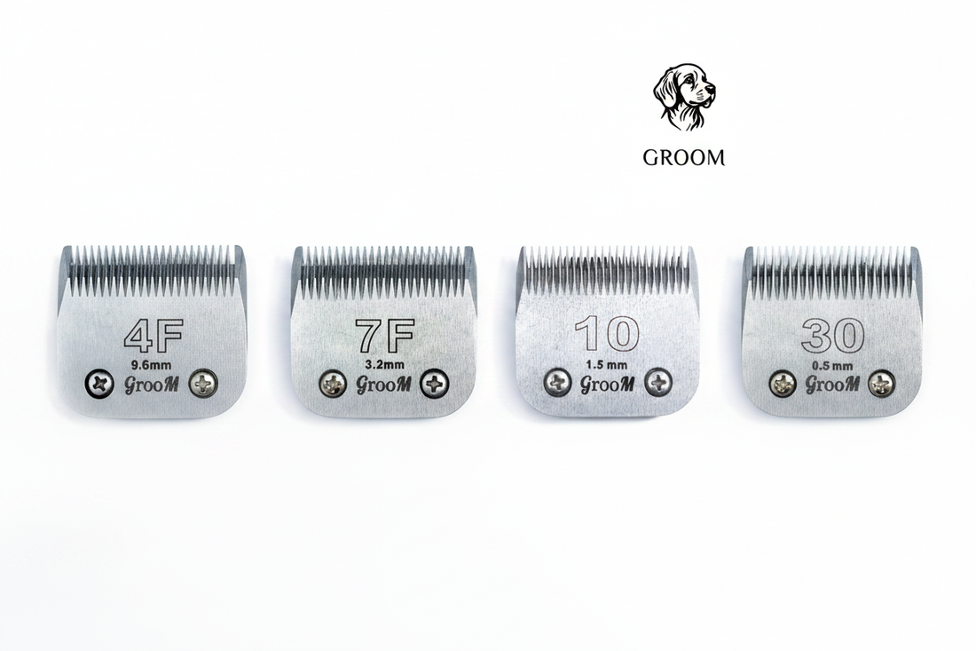 Groom Ultra Edge clipper blade sizes #4F, #7F, #10 and #30 arranged side by side — professional A5 grooming blades size comparison