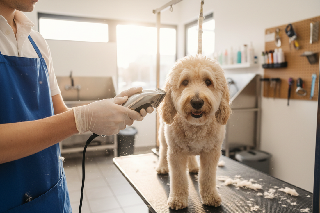 Professional groomer trimming a Goldendoodle with a pet clipper — choosing the right clipper for your dog's coat type
