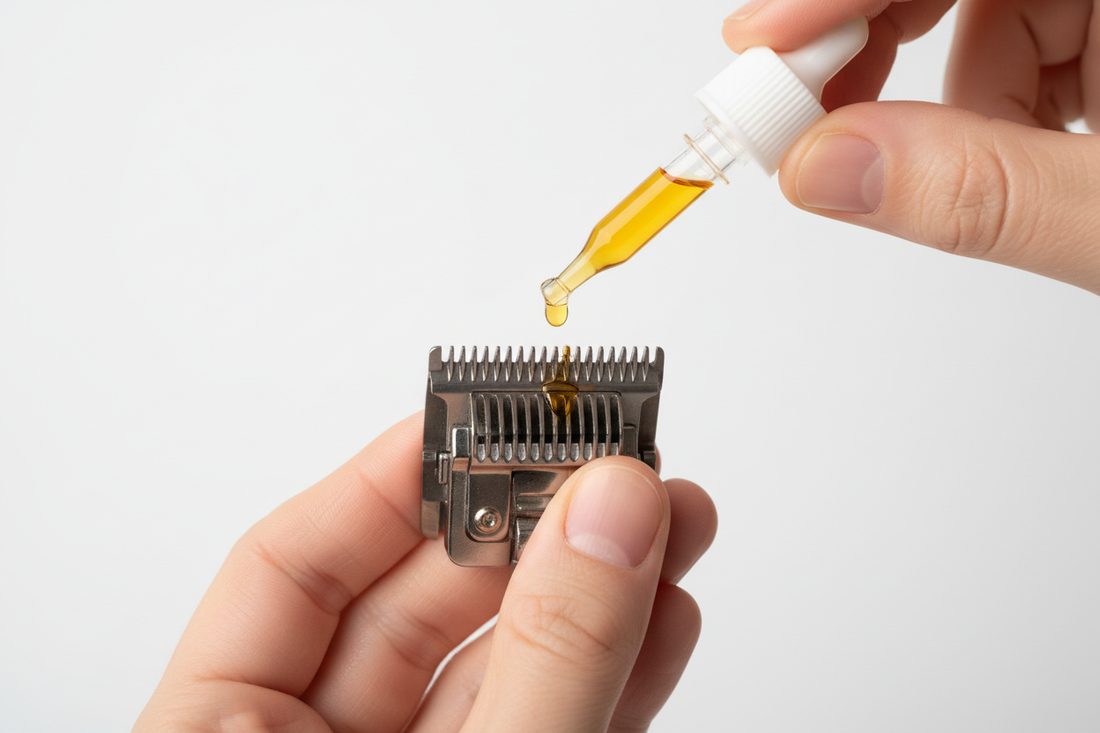 Hands cleaning and oiling a professional pet grooming clipper blade — step-by-step blade maintenance guide