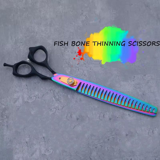 Groom Straight Fishbone Chunker 8" Pro Pet Grooming Shears | Japanese 440C Steel | Rainbow Titanium Finish